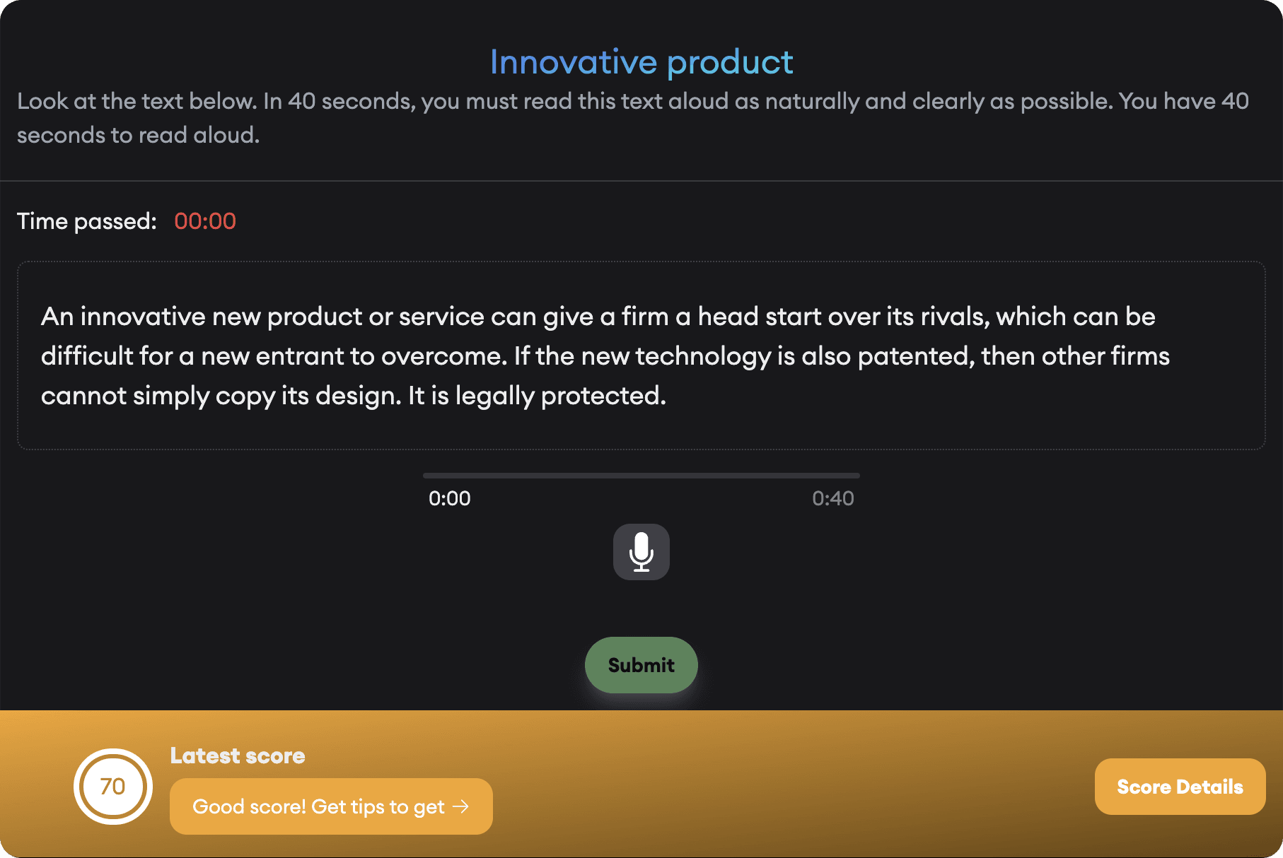 Scholars' PTE distraction-free practice interface